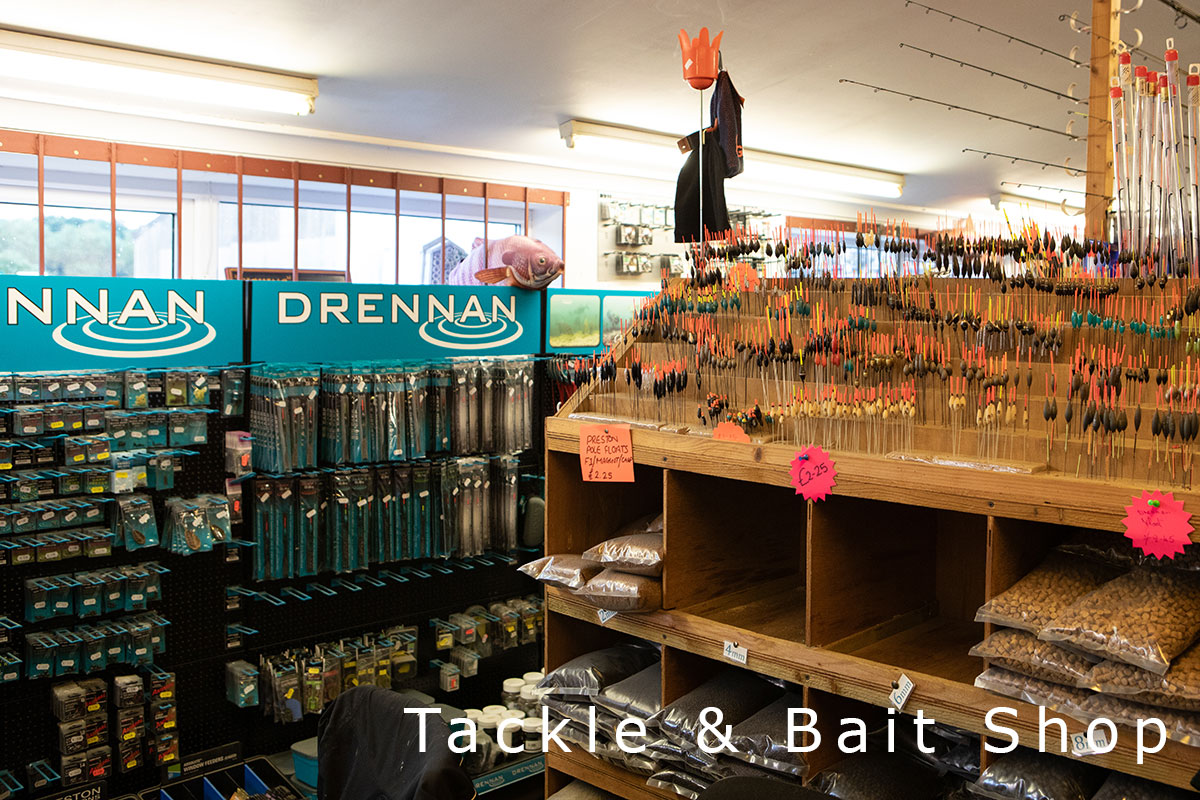 Inside the tackle and bait shop, shelves of gear and bait